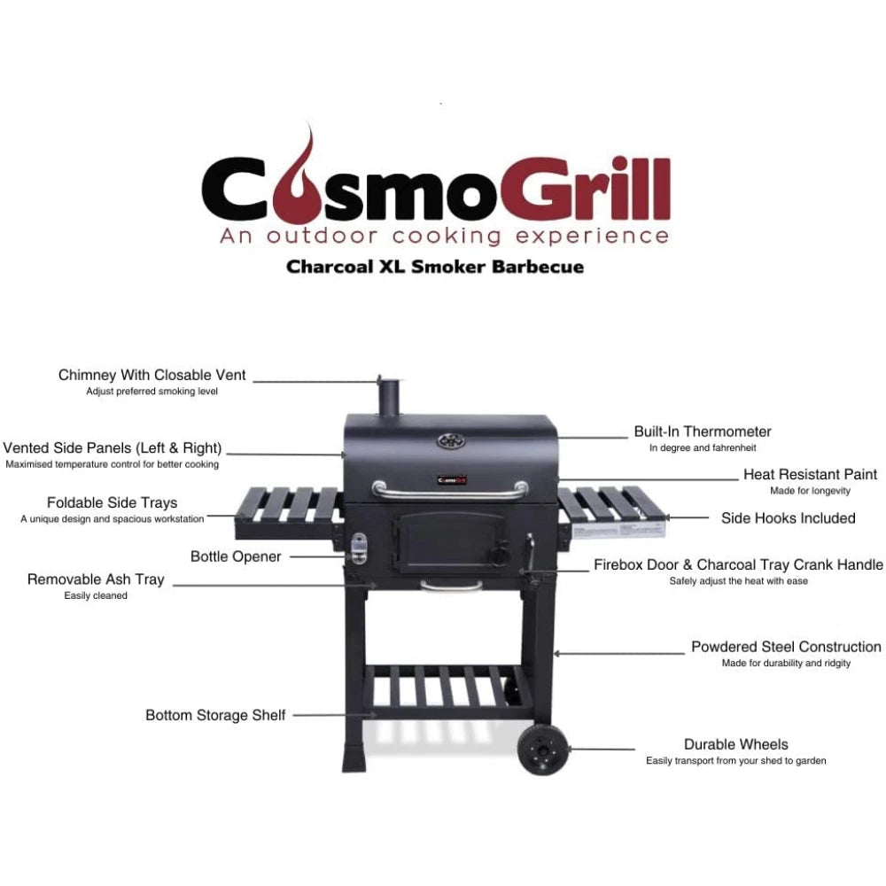 CosmoGrill Outdoor XL Smoker Barbecue Charcoal Portable BBQ Grill Camping Garden
